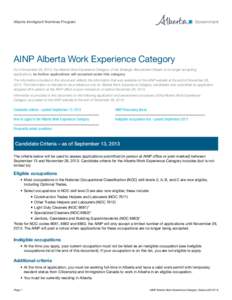 Alberta Immigrant Nominee Program  AINP Alberta Work Experience Category As of November 29, 2013, the Alberta Work Experience Category of the Strategic Recruitment Stream is no longer accepting applications; no further a