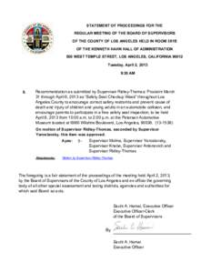 STATEMENT OF PROCEEDINGS FOR THE REGULAR MEETING OF THE BOARD OF SUPERVISORS OF THE COUNTY OF LOS ANGELES HELD IN ROOM 381B OF THE KENNETH HAHN HALL OF ADMINISTRATION 500 WEST TEMPLE STREET, LOS ANGELES, CALIFORNIA 90012