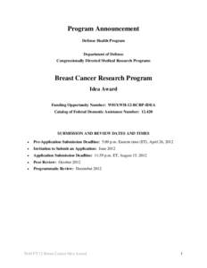 Program Announcement Defense Health Program Department of Defense Congressionally Directed Medical Research Programs  Breast Cancer Research Program