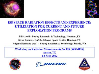ISS SPACE RADIATION EFFECTS AND EXPERIENCE: UTILIZATION FOR CURRENT AND FUTURE EXPLORATION PROGRAMS Bill Atwell - Boeing Research & Technology, Houston ,TX Steve Koontz - NASA, Johnson Space Center, Houston, TX Eugene No