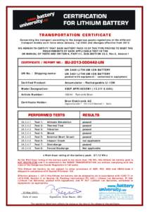 TRANSPORTATION CERTIFICATE Concerning the transport according to the dangerous goods regulations of the different transport modes as in force since January, 1st 2003 and changes effective from 2013 WE HEREWITH CERTIFY TH