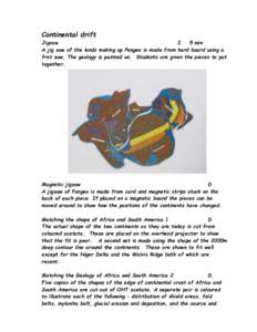 Continental drift Jigsaw I 5 min A jig saw of the lands making up Pangea is made from hard board using a fret saw. The geology is painted on. Students are given the pieces to put