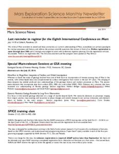 Mars Science News  July 2014 Last reminder to register for the Eighth International Conference on Mars July[removed]at Caltech, Pasadena, CA