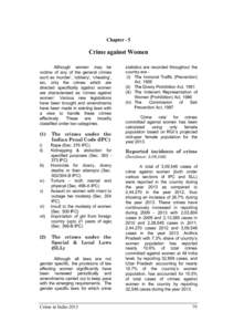Chapter - 5  Crime against Women Although women may be victims of any of the general crimes such as ‘murder’, ‘robbery’, ‘cheating’,