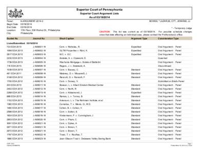 Superior Court of Pennsylvania Superior Court Argument Lists As of[removed]Panel: Begin Date: End Date: