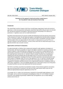 DOC NO: FOODDATE ISSUED: October 2013 Resolution on the approach to food and nutrition related issues in the Transatlantic Trade and Investment Partnership