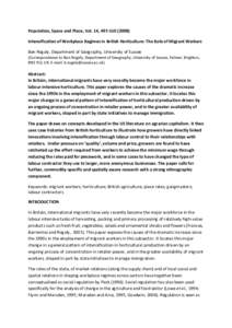 Population,	
  Space	
  and	
  Place,	
  Vol.	
  14,	
  497-­‐510	
  (2008)	
   Intensification	
  of	
  Workplace	
  Regimes	
  in	
  British	
  Horticulture:	
  The	
  Role	
  of	
  Migrant	
  Wor