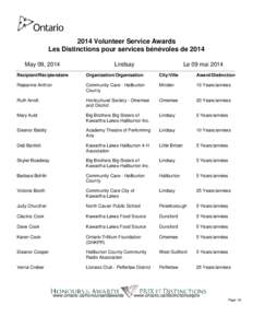 2014 Volunteer Service Awards Les Distinctions pour services bénévoles de 2014 May 09, 2014 Lindsay