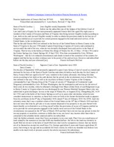 Southern Campaigns American Revolution Pension Statements & Rosters Pension Application of Francis McCraw W7410 Sally McCraw Transcribed and annotated by C. Leon Harris. Revised 17 Sep[removed]VA