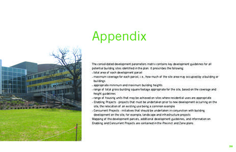 Appendix The consolidated development parameters matrix contains key development guidelines for all potential building sites identified in the plan. It prescribes the following: •  total area of each development parcel