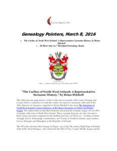 Genealogy Pointers, March 8, 2016  The Carlins of North West Ireland: A Representative Surname History, by Brian Mitchell  48-Hour Sale on 7 Maryland Genealogy Books