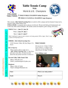 Table Tennis Camp With World & U.S. Champions 3 TIMES WORLD CHAMPION Stellan Bengtsson 10 TIMES US NATIONAL CHAMPION Angie Bengtsson