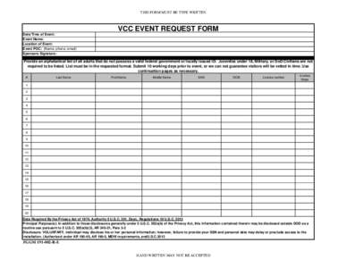 THIS FORM MUST BE TYPE WRITTEN  VCC EVENT REQUEST FORM Date/Time of Event: Event Name: Location of Event: