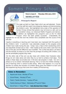 Somers Primary School Term 2, Issue 9 Thursday 19th June, 2014  NEWSLETTER