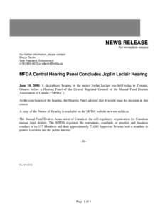 News Release - MFDA Central Hearing Panel Concludes Joplin Leclair Hearing
