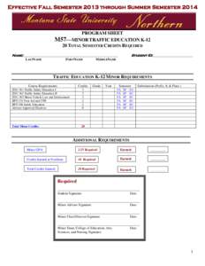 Effective Fall Semester 2013 through Summer Semester[removed]PROGRAM SHEET M57—MINOR TRAFFIC EDUCATION K[removed]TOTAL SEMESTER CREDITS REQUIRED Name: ________________________________________________________