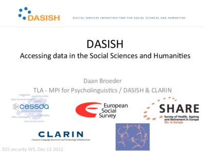 DASISH	
    Accessing	
  data	
  in	
  the	
  Social	
  Sciences	
  and	
  Humani5es	
   Daan	
  Broeder	
  	
   TLA	
  -­‐	
  MPI	
  for	
  Psycholinguis5cs	
  /	
  DASISH	
  &	
  CLARIN	
  