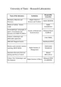 University of Tunis – Research Laboratories Name of the laboratory Mechanics, Materials and