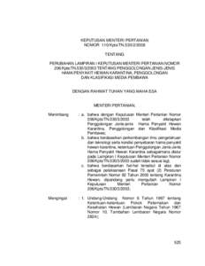 KEPUTUSAN MENTERI PERTANIAN NOMOR 110/Kpts/TNTENTANG PERUBAHAN LAMPIRAN I KEPUTUSAN MENTERI PERTANIAN NOMOR 206/Kpts/TNTENTANG PENGGOLONGAN JENIS-JENIS HAMA PENYAKIT HEWAN KARANTINA, PENGGOLONGAN