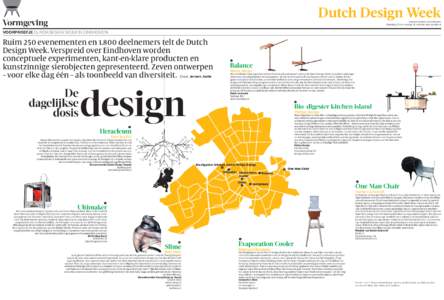 Dutch Design Week Vorm gevin g Diverse locaties in Eindhoven. Zaterdag 22 t/m zondag 30 oktober. Kijk op ddw.nl