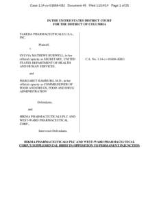 Case 1:14-cv[removed]KBJ Document 45 Filed[removed]Page 1 of 25  IN THE UNITED STATES DISTRICT COURT FOR THE DISTRICT OF COLUMBIA TAKEDA PHARMACEUTICALS U.S.A., INC.