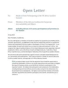 Open Letter To: Heads of State Participating in the US-Africa Leaders Summit