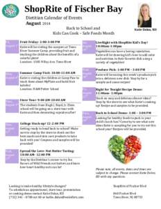 ShopRite of Fischer Bay Dietitian Calendar of Events August 2014 Back to School and Kids Can Cook – Safe Foods Month