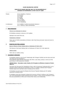 Page 1 of 7 DAVID MACBRAYNE LIMITED MINUTES OF BOARD MEETING HELD IN THE BOARDROOM AT GOUROCK ON WEDNESDAY 15 MAY 2013 AT 10AM ____________________________________________________________________________________ Present