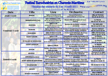 Tableau des concerts en Charente-Maritime