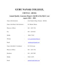 GURU NANAK COLLEGE, CHENNAI – Annual Quality Assurance Report (AQAR) of the IQAC year report: 2011 – 2012 Name of the Institution
