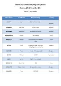 XXVII European Electricity REgulatory Forum Florence, 27-28 November 2014 List of Participants Last Name AGUADO