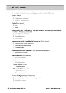 MW User Checklist  This is a checklist of the key information that will help you to complete the Articles of Agreement. Parties’ details