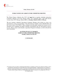Friday, February 28, 2014  ______________________________________________________________________________ PUBLIC NOTICE OF AGRICULTURE COMMITTEE MEETING ___________________________________________________________________