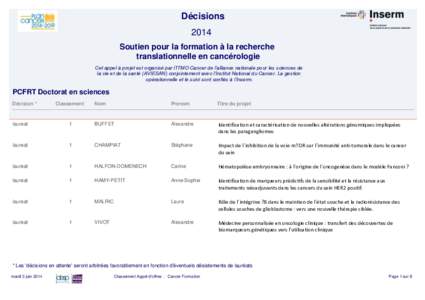 Décisions 2014 Soutien pour la formation à la recherche translationnelle en cancérologie Cet appel à projet est organisé par l’ITMO Cancer de l’alliance nationale pour les sciences de la vie et de la santé (AVI