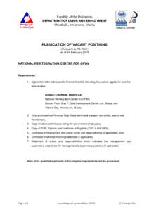 Republic of the Philippines DEPARTMENT OF LABOR AND EMPLOYMENT Muralla St., Intramuros, Manila Certificate No.: AJA15PUBLICATION OF VACANT POSITIONS