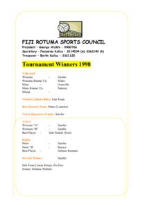 FIJI ROTUMA SPORTS COUNCIL President – George Atalifo – [removed]Secretary – Feaserue Kafoa – [removed]w[removed]h) Treasurer – Berlin Kafoa[removed]Tournament Winners 1998