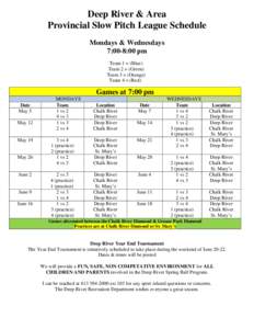 Deep River & Area Provincial Slow Pitch League Schedule Mondays & Wednesdays 7:00-8:00 pm Team 1 = (Blue) Team 2 = (Green)