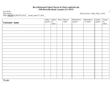 Bern Reformed United Church of Christ sandwich sale 3196 Bernville Road, Leesport, PA[removed]Cost $5.00 Sales person __________________ Orders MUST be placed by noon___Sunday April 27, 2014__