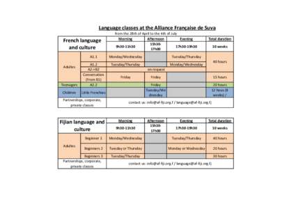 Language classes at the Alliance Française de Suva French language and culture from the 28th of April to the 4th of July Morning