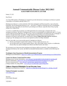 Annual Communicable Disease Letter[removed]ALKI PARENT/STUDENT LETTER January 22, 2013