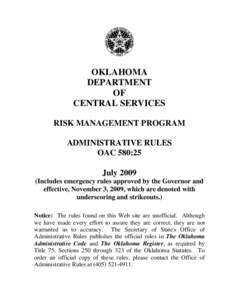 OKLAHOMA DEPARTMENT OF CENTRAL SERVICES RISK MANAGEMENT PROGRAM ADMINISTRATIVE RULES