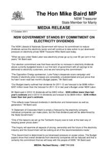 The Hon Mike Baird MP NSW Treasurer State Member for Manly MEDIA RELEASE 17 October 2011