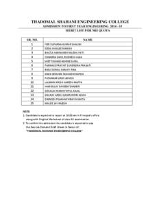 THADOMAL SHAHANI ENGINEERING COLLEGE ADMISSION TO FIRST YEAR ENGINEERING[removed]MERIT LIST FOR NRI QUOTA SR. NO. 1 2