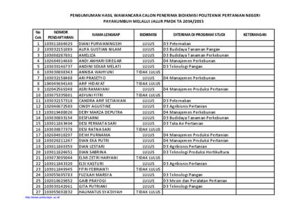 PENGUMUMAN HASIL WAWANCARA CALON PENERIMA BIDIKMISI POLITEKNIK PERTANIAN NEGERI PAYAKUMBUH MELALUI JALUR PMDK TA[removed]No Cek  NOMOR