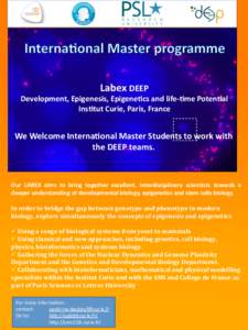 Labex	
  DEEP	
    Development,	
  Epigenesis,	
  Epigene<cs	
  and	
  life-­‐<me	
  Poten<al	
   Ins<tut	
  Curie,	
  Paris,	
  France	
    We	
  Welcome	
  Interna<onal	
  Master	
  Students	
  to	
