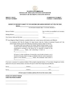 THE UNITED STATES VIRGIN ISLANDS  OFFICE OF THE LIEUTENANT GOVERNOR DIVISION OF BANKING AND INSURANCE GREGORY R. FRANCIS LIEUTENANT GOVERNOR