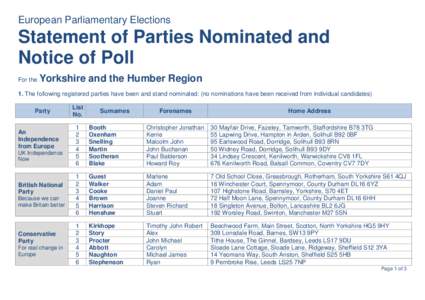 European Parliamentary Elections  Statement of Parties Nominated and Notice of Poll For the