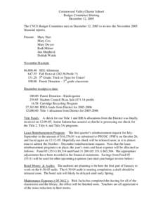 Cottonwood Valley Charter School Budget Committee Meeting December 12, 2005 The CVCS Budget Committee met on December 12, 2005 to review the November 2005 financial reports. Present: