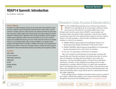 Special Section  RDAP14 Summit: Introduction Bulletin of the Association for Information Science and Technology – August/September 2014 – Volume 40, Number 6  by Andrew Johnson