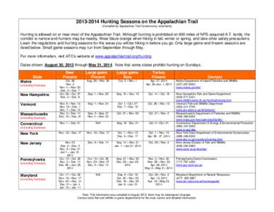 [removed]Hunting Seasons on the Appalachian Trail (Compiled by Appalachian Trail Conservancy volunteers) Hunting is allowed on or near most of the Appalachian Trail. Although hunting is prohibited on 600 miles of NPS-ac